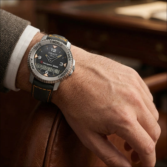 A close-up of a man's wrist wearing a Tissot T-Navigator watch with a grey dial, silver bezel, and black leather strap with orange & grey stitching, resting on a brown leather surface.